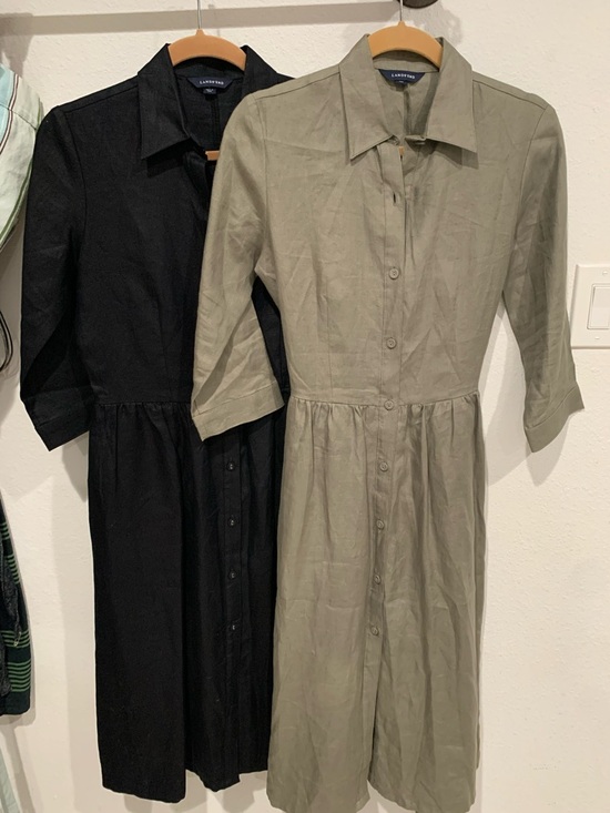 Lands' End Dresses & Skirts - 2 Lands' End Linen Olive Black 3/4 Sleeve Midi Button-Front Shirt Dresses, NWOT